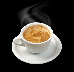 Hot Coffee Cup Isolated on Black Background View from Above