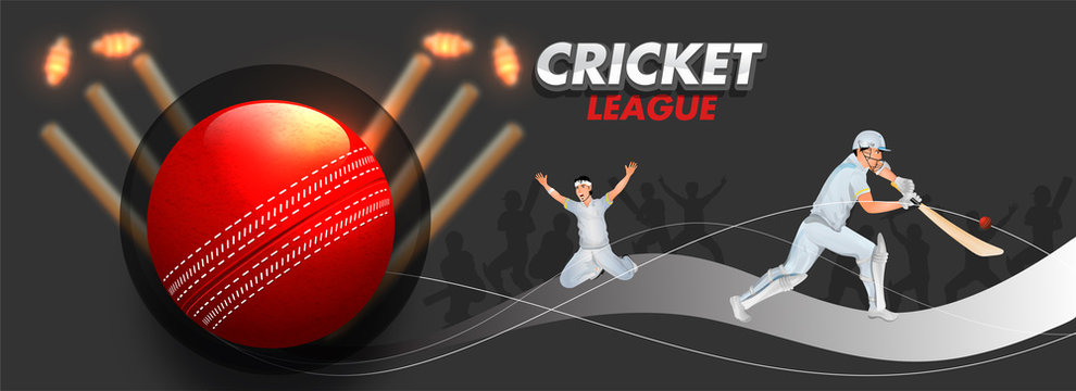 Cricket League header or banner design with illustration of cricket players in playing pose and cricket equipment on black background.