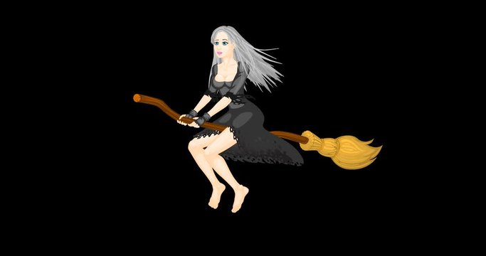 Witch flying with developing hair on broom and smiling