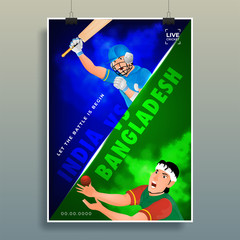 Cricket match between India vs Bangladesh with illustration of cricket player in different playing action on abstract background for Live Cricket Tournament template design.