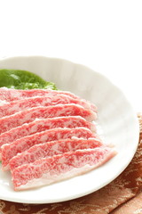 Freshness Japanese marble beef Wagyu on dish for freshness ingredient