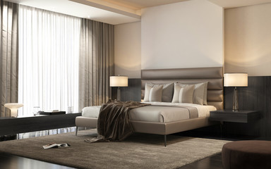 Contemporary luxury modern tobacco beige bedroom with stool and a carpet