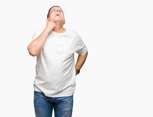 Middle age arab man wearig white t-shirt over isolated background Touching painful neck, sore throat for flu, clod and infection