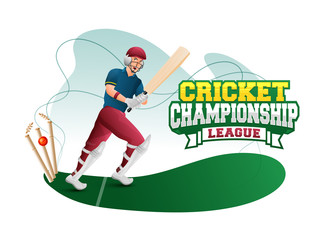 Cricket Championship league poster or banner design with illustration of cricket player in batting pose on stadium pitch.