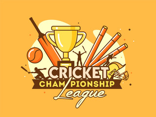 Retro style Cricket championship League banner or poster design with cricket equipment and winning trophy on yellow background.