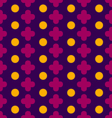 Vector seamless pattern with pluses and circles. Pink crossroads and yellow circles on a blue background