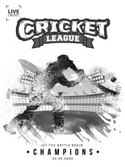 Cricket Championship template or flyer design with doodle illustration of cricket batsman in playing action and details on b&w stadium view background.