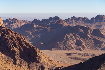 Fototapeta na wymiar Egypt. Bedouin village. Mount Sinai in the morning at sunrise. (Mount Horeb, Gabal Musa, Moses Mount). Pilgrimage place and famous touristic destination.