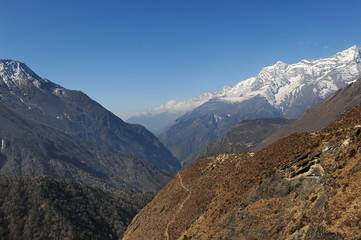 Himalayan mountains. Trekking to Everest. The tops of the mountains are covered with snow.