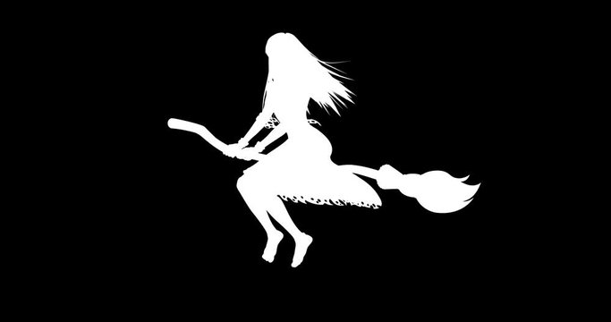 Silhouette of witch flying with developing hair on broom