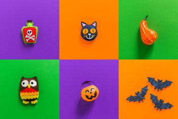 Halloween holiday collage top view. Pumpkins, spiders, witch, bats, treats