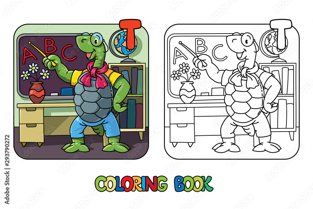 Poster turtle teacher abc coloring book. alphabet t