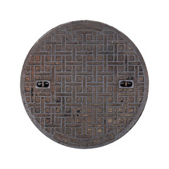 Rusty manhole cap, grunge manhole cover, round, isolated on white background with clipping path.
