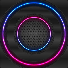 Technology abstract background. Black glossy and blue purple shiny neon circles. Dark perforated metallic backdrop. Vector illustration