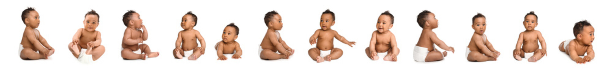 Cute little baby crawling on white background