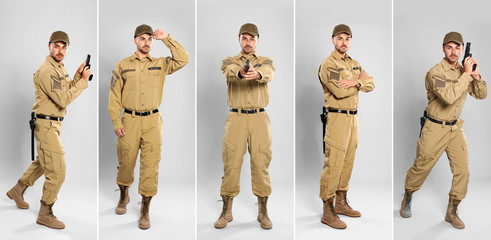 Collage of male security guard on grey background