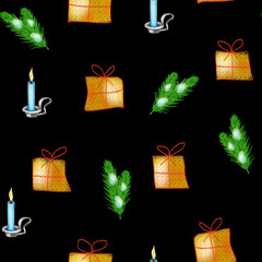 Christmas seamless pattern with gifts, candles and new year tree branches.