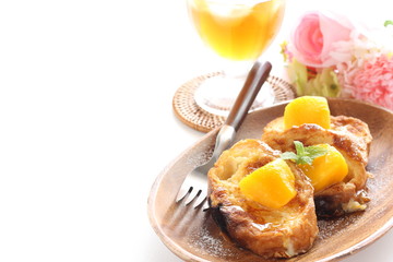 Mango and French toast with mint for gourmet breakfast image