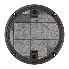Rusty manhole cap, grunge manhole cover, round, isolated on white background with clipping path.
