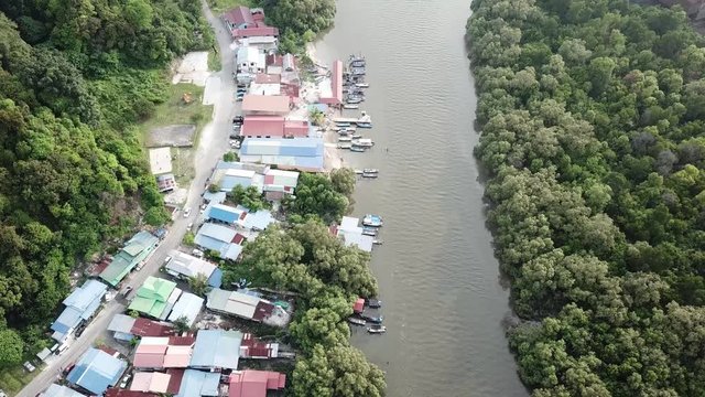 Aerial view fishing village at Kuala Juru, Penang, Malaysia.