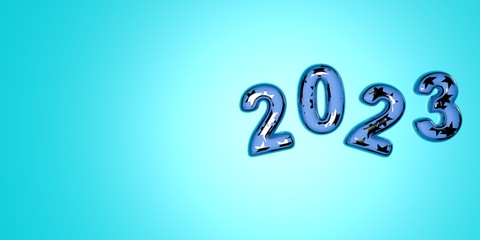 Happy New Year 2023. Festive 3D illustration of numbers of colored glass of blue and silver stars on a blue background of numbers 2023. Realistic 3d sign. Holiday poster or banner design.