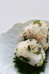 Japanese food, shirasu sardine fish and herbal shiso mixed sesame rice ball