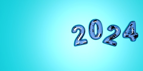 Happy New Year 2024. Festive 3D illustration of numbers of colored glass of blue and silver stars on a blue background of numbers 2024. Realistic 3d sign. Holiday poster or banner design.
