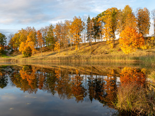 Fototapeta na wymiar wonderful autumn landscape with gorgeous and colorful trees by the water, beautiful reflections in the water