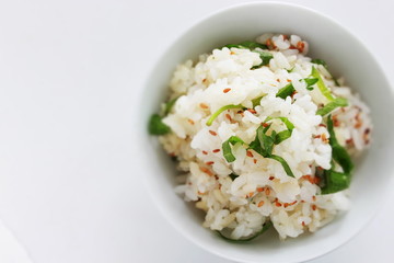 Japanese food, shirasu sardine fish and herbal shiso mixed sesame rice