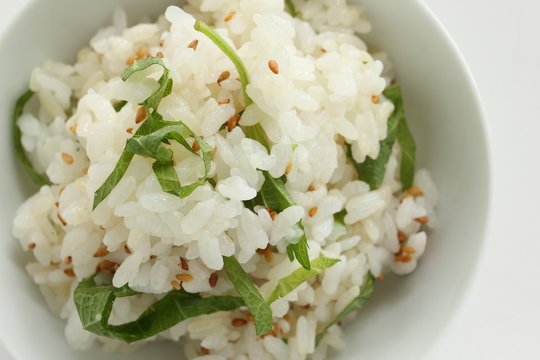Japanese food, shirasu sardine fish and herbal shiso mixed sesame rice