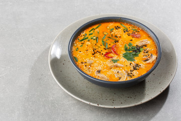 Tom Yam kung Spicy Thai soup with shrimp, seafood, coconut milk and chili pepper in bowl. In gray stone background. Horizontal photo.