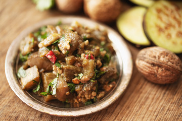 Eggplant pickle, pickled eggplant salad with nuts, peppers, coriander  