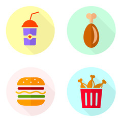 Flat icons of food. Vector illustrations of fried chicken, burger and beverage. Coffee and cappuccino cup. Lunch or dinner menu. Set of icons for online shop