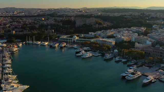 Aerial birds eye view video taken by drone of Rhodes island old fortified town, Palace of the Grand Master, popular tourist destination, Dodecanese, Aegean, Greece