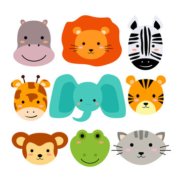 Set of cute animals face. Isolatad. - vector