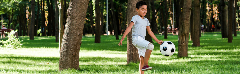 Naklejka premium panoramic shot of cute african american child playing football on grass