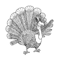 Doodle turkey. Cartoons monochrome coloring page for adult, for children, for web, for print art design elements stock vector illustration