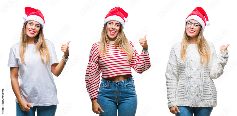 Poster Collage of young beautiful woman wearing christmas hat over isolated background smiling with happy face looking and pointing to the side with thumb up.