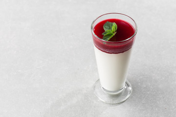 Delicious italian dessert panna cotta with berry sauce and mint on gray background. Traditional...