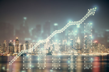 Financial graph on night city scape with tall buildings background multi exposure. Analysis concept.