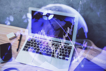 Multi exposure of graph and financial info and work space with computer background. Concept of international online trading.