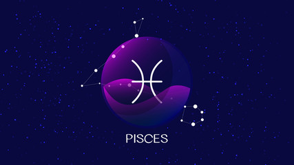 Pisces sign, zodiac background.Beautiful and simple illustration of night, starry sky with pisces zodiac constellation behind glass sphere with encapsulated pisces sign and constellation name. 