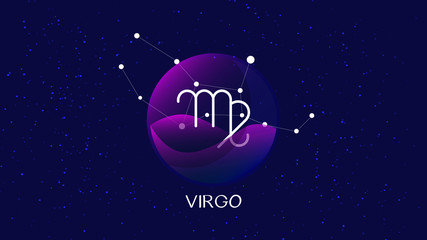 Virgo sign, zodiac background. Beautiful and simple illustration of night, starry sky with virgo zodiac constellation behind glass sphere with encapsulated virgo sign and constellation name.  - obrazy, fototapety, plakaty