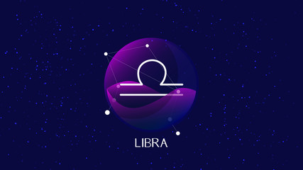 Libra sign, zodiac background. Beautiful and simple illustration of night, starry sky with libra zodiac constellation behind glass sphere with encapsulated libra sign and constellation name. 
