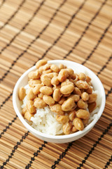 Natto, fermented soy beans with steamed rice 