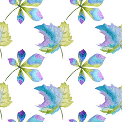 Fototapeta na wymiar Seamless pattern Watercolor Bright Autumn leaves. Green, blue and purple colors Hand Drawn Autumn leaf on a white background. Paper, fabric texture. Greeting card Poster concept