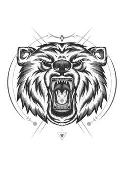Line art of roaring bear head.