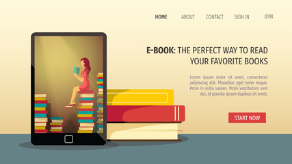 Web page design for bookstore, book lovers, e-book reader. Electronic reader and pile of books. Vector illustration for poster, banner and website development.