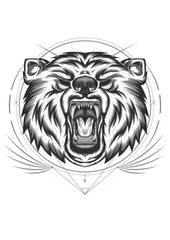 Vintage logo style bear. Line art of roaring bear head.