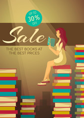 Flyer, banner, booklet, brochure design templates for bookstore, book shop, online library, book lovers. Piles of books and woman reading book. 